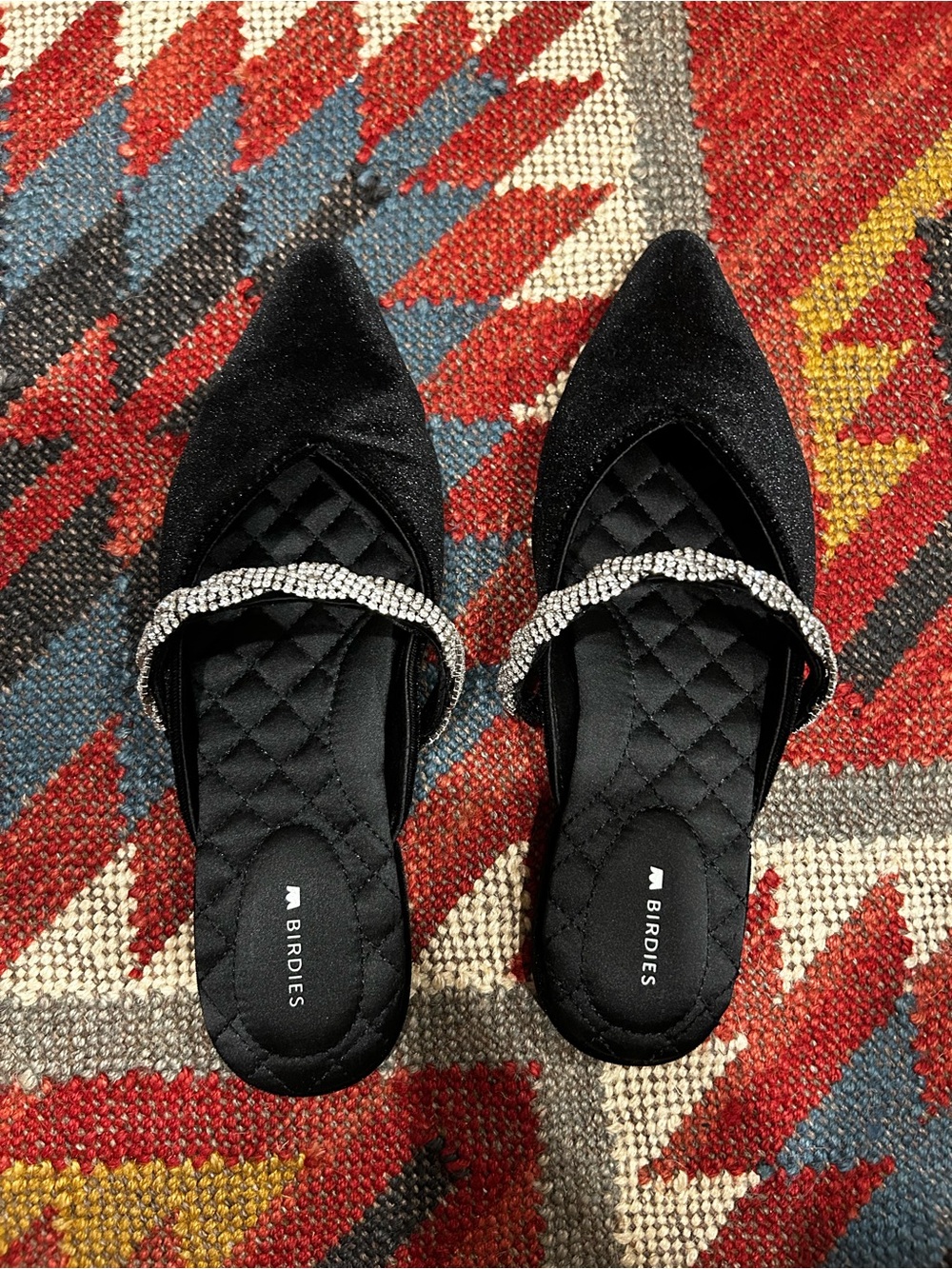 Birdies Black Velvet Pointed Mules with Crystal Strap Accent